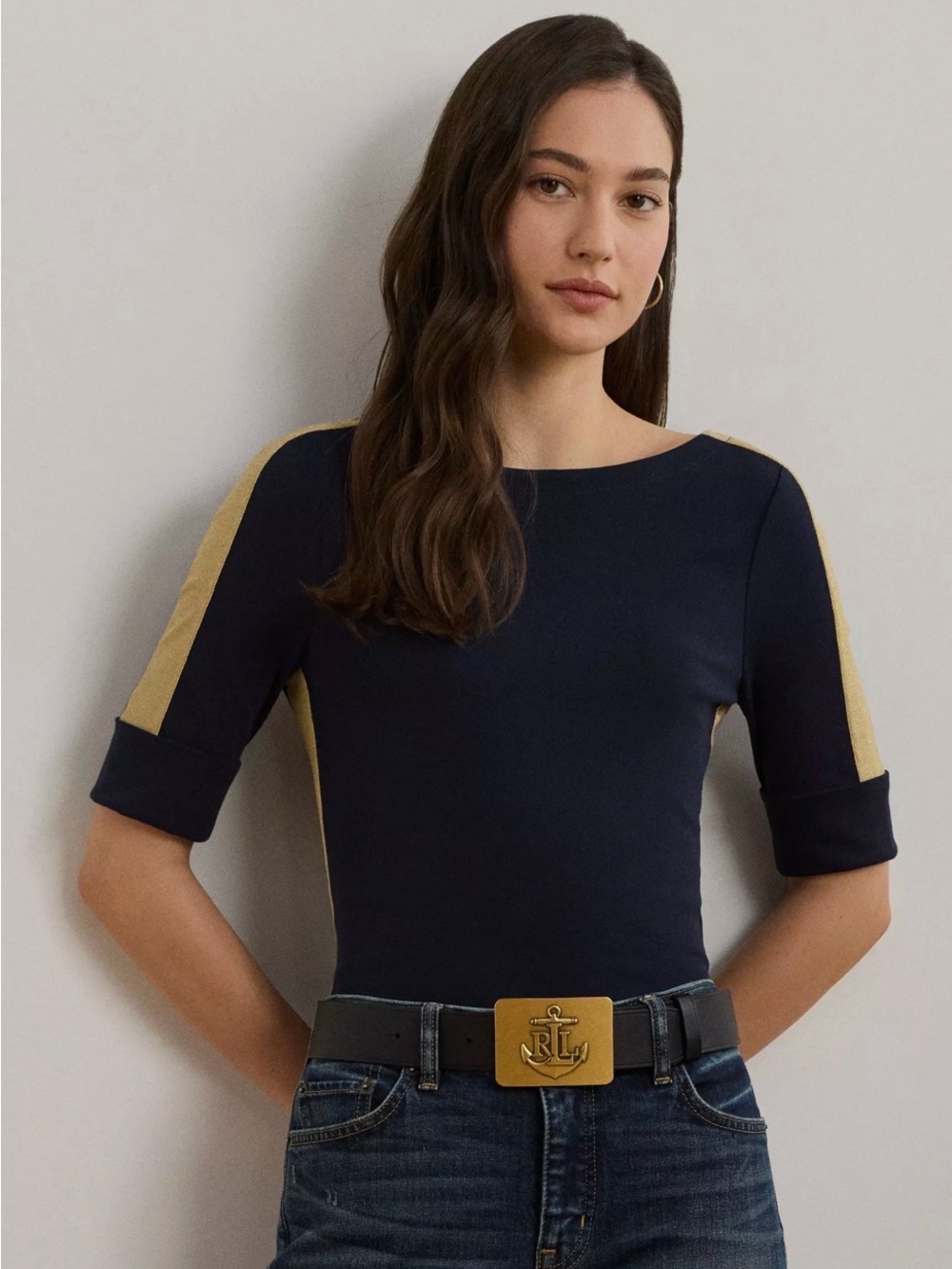 Lauren Ralph Lauren Navy & Gold Stripe Top NWT XS